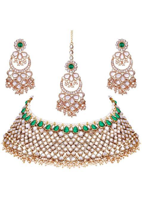 Peora Green Gold Plated Indian Traditional Polki Look Kundan Bridal Necklace Earring Set with Maang Tikka