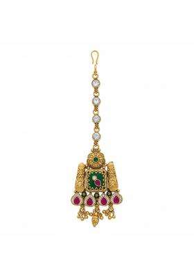 Iksava Premium Gold Plated Kundan Maang Tikka with American Diamonds and Ruby Green Stones