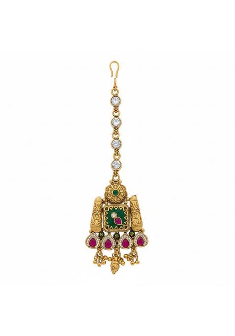 Iksava Premium Gold Plated Kundan Maang Tikka with American Diamonds and Ruby Green Stones