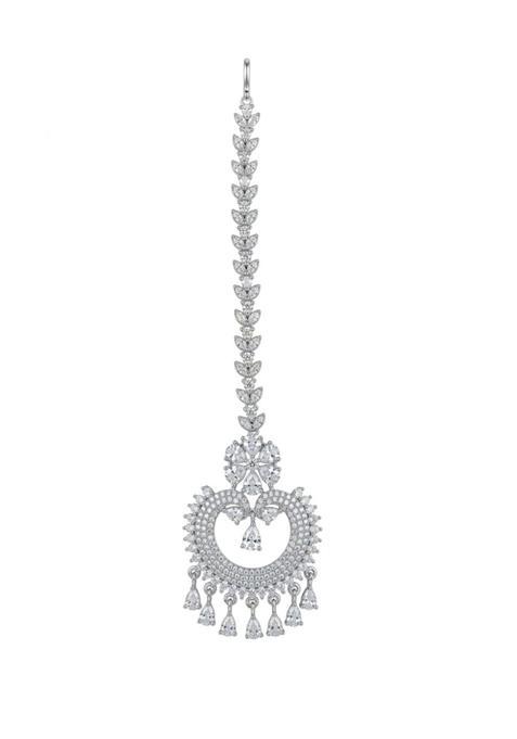 Nuyug Silver Moonveil Maang Tikka for Women American Diamond CZ Bridal Head Jewelry