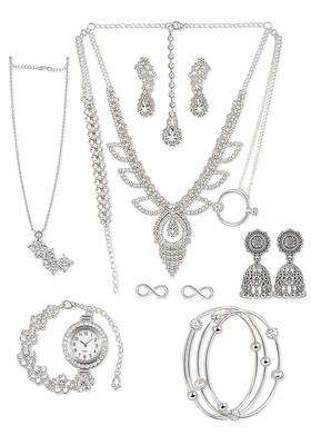 11 Pcs Premium Silver Plated Jewellery Gift Set for Women AD Necklace Earrings Bracelet Maang Tikka Nose Ring