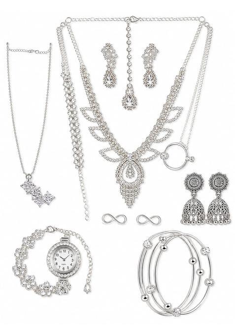 11 Pcs Premium Silver Plated Jewellery Gift Set for Women AD Necklace Earrings Bracelet Maang Tikka Nose Ring