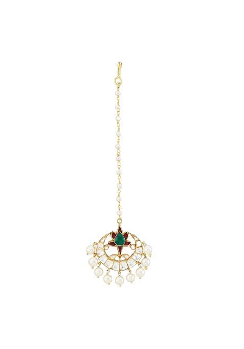 Nuyug Pearl and Green Stone Kundan Maang Tikka for Women Traditional