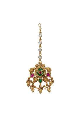 Iksava Gold Plated Kundan Maang Tikka with American Diamonds and Ruby Green Stones