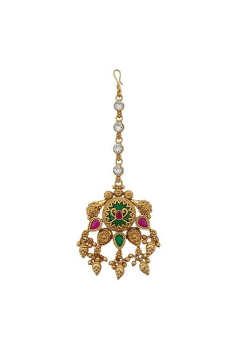 Iksava Gold Plated Kundan Maang Tikka with American Diamonds and Ruby Green Stones