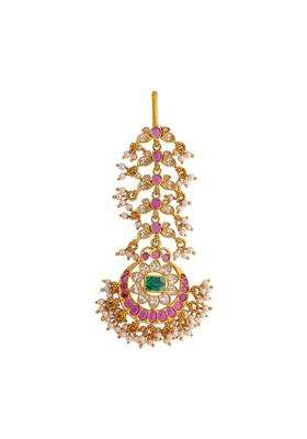 Kushals Fashion Jewellery Ruby Green Gold Plated 925 Silver Temple Maang Tikka for Women