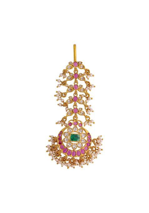 Kushals Fashion Jewellery Ruby Green Gold Plated 925 Silver Temple Maang Tikka for Women
