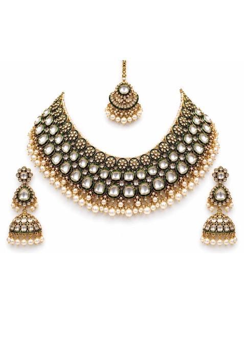 Kundan Bridal Jewellery Set with Necklace Jhumka Earrings and Maang Tikka