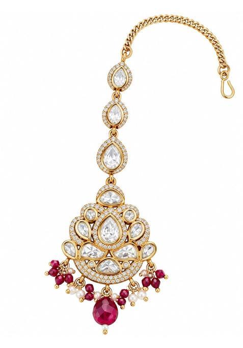 Zhabu Kundan Maang Tikka with Ruby Beads and Pearl Drops Gold Toned