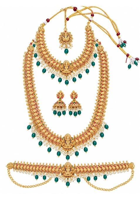 Gold Lakshmi Temple Jewellery Bridal Set with Maang Tikka Haram Necklace Hipbelt Earrings