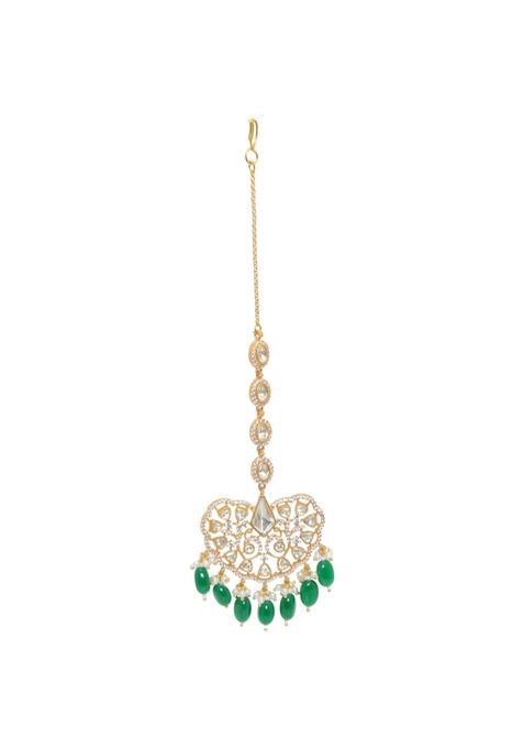 Gehna Green Jaipur Emerald and Moissanite Studded Maang Tikka or Forehead Ornament for Girls and Women