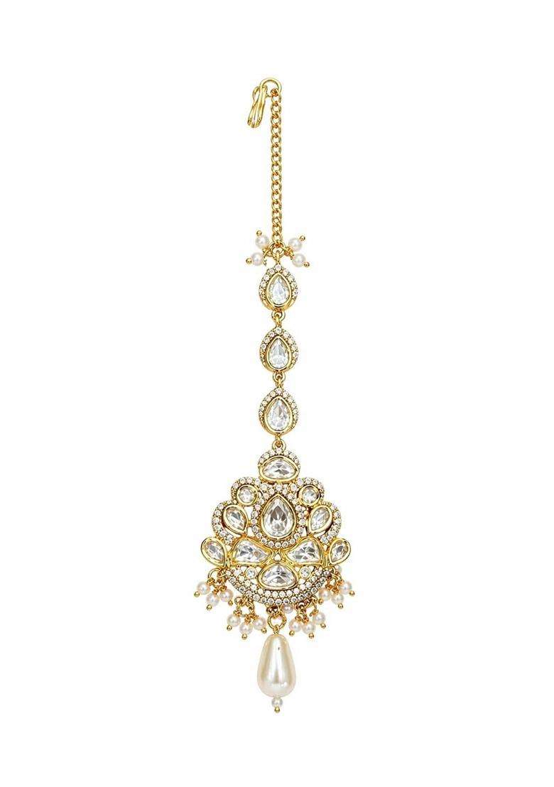Zhabu Kundan Maang Tikka with Pearl Drops Gold Toned - Indya