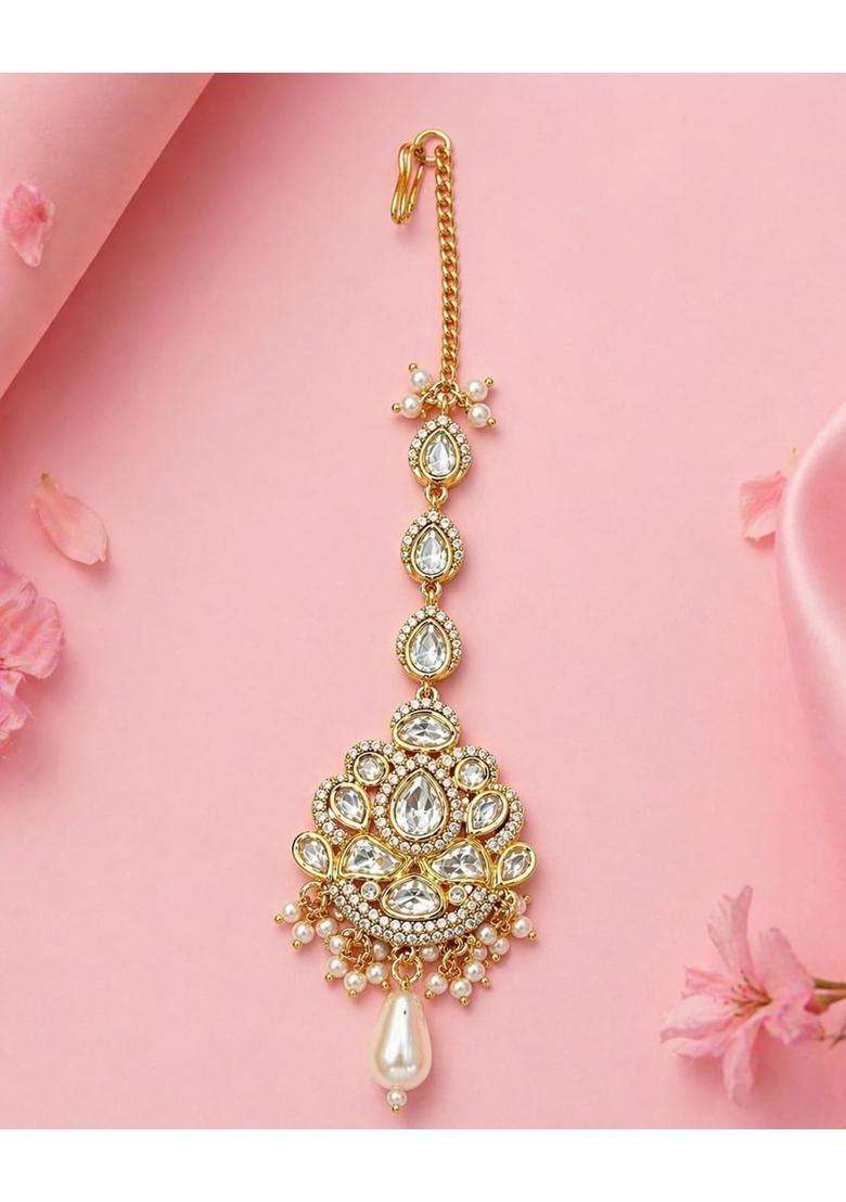 Zhabu Kundan Maang Tikka with Pearl Drops Gold Toned - Indya