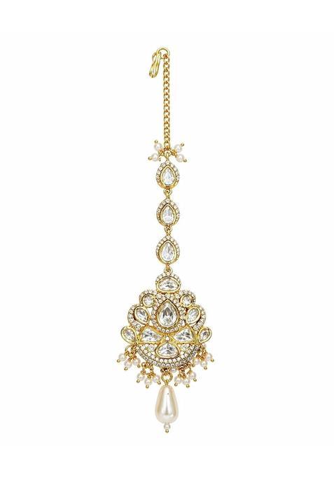 Zhabu Kundan Maang Tikka with Pearl Drops Gold Toned