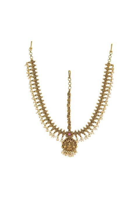 Kushals Fashion Jewellery Ruby Gold Plated Antique Mathapatti Tikka for Women