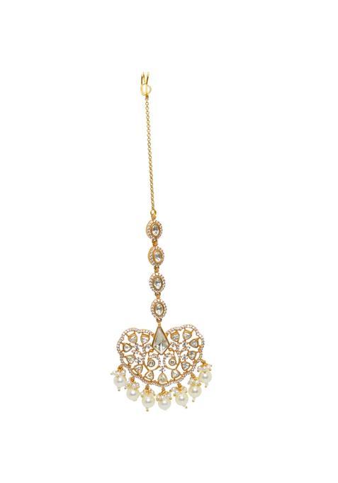 Gehna White Jaipur Pearl and Moissanite Studded Maang Tikka or Forehead Ornament for Girls and Women