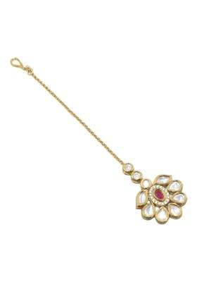 Rajasthan Gems Maang Tikka Gold Rhodium Cubic Zirconia Zircon Uncut Polki and Onyx Stone Head Gear Wedding