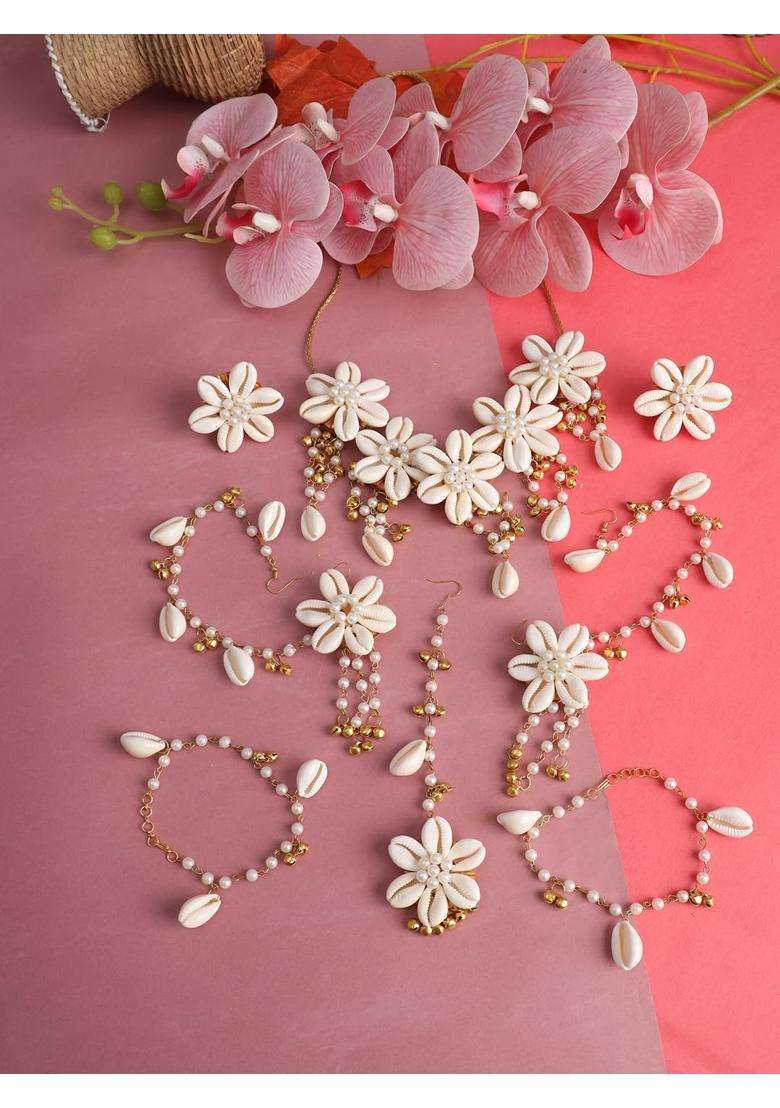 NMII Traditional Kaudi Sea Shell Golden Bells and White Moti Pearls Jewellery Set for Bridal Women and Girls - Indya
