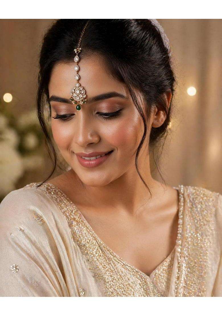 Zhabu Kundan Maang Tikka with Green Emerald Drop and Pearl Beads - Indya