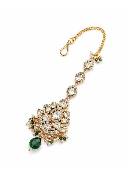 Zhabu Kundan Maang Tikka with Green Emerald Drop and Pearl Beads