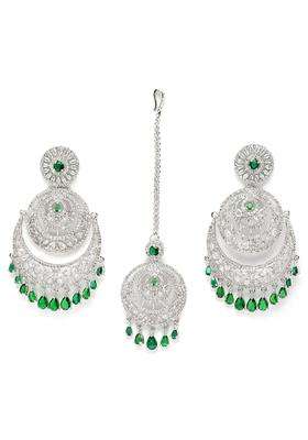 Zeneme Rose Gold Plated American Diamond Studded Maang Tikka and Earrings Jewellery Set for Woment and Girl