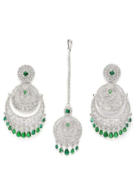 Zeneme Rose Gold Plated American Diamond Studded Maang Tikka and Earrings Jewellery Set for Woment and Girl