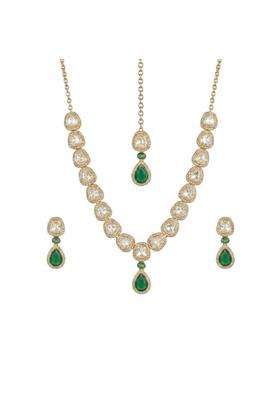 Mahera Jewels Green Kundan Necklace Set for Women CZ Diamond Studded