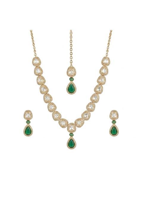 Mahera Jewels Green Kundan Necklace Set for Women CZ Diamond Studded
