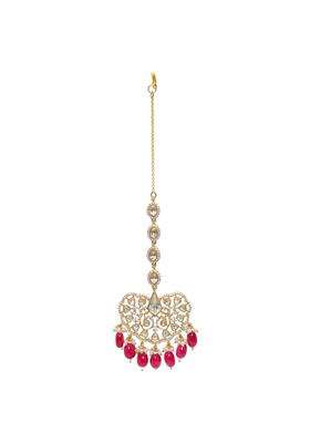 Gehna Red Jaipur Ruby and Moissanite Studded Maang Tikka or Forehead Ornament for Girls and Women