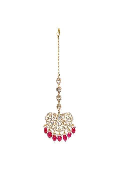 Gehna Red Jaipur Ruby and Moissanite Studded Maang Tikka or Forehead Ornament for Girls and Women