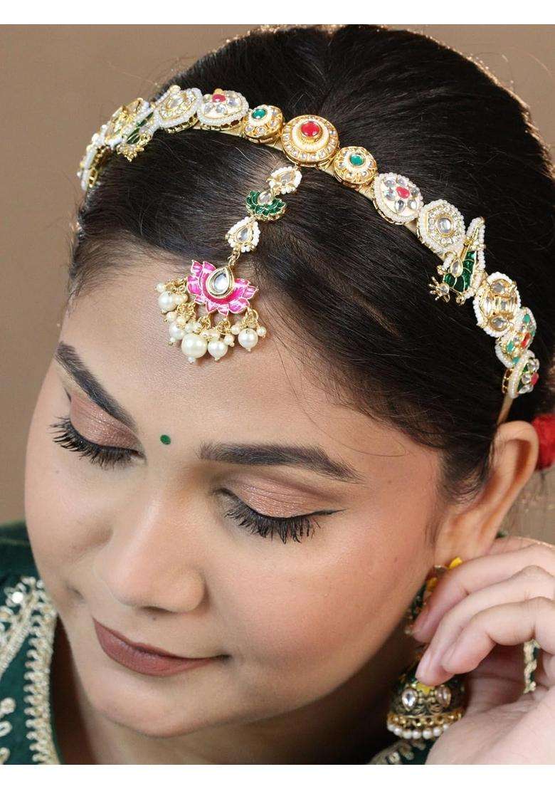 Viana Jewels Multicolor Amara Maangtikka Hairband for Women Brass Kundan Matha Patti Traditional Bridal - Indya