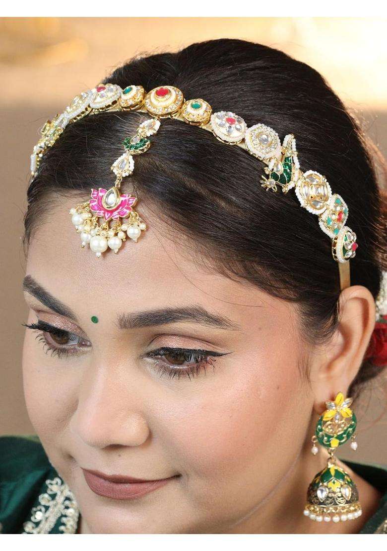 Viana Jewels Multicolor Amara Maangtikka Hairband for Women Brass Kundan Matha Patti Traditional Bridal - Indya