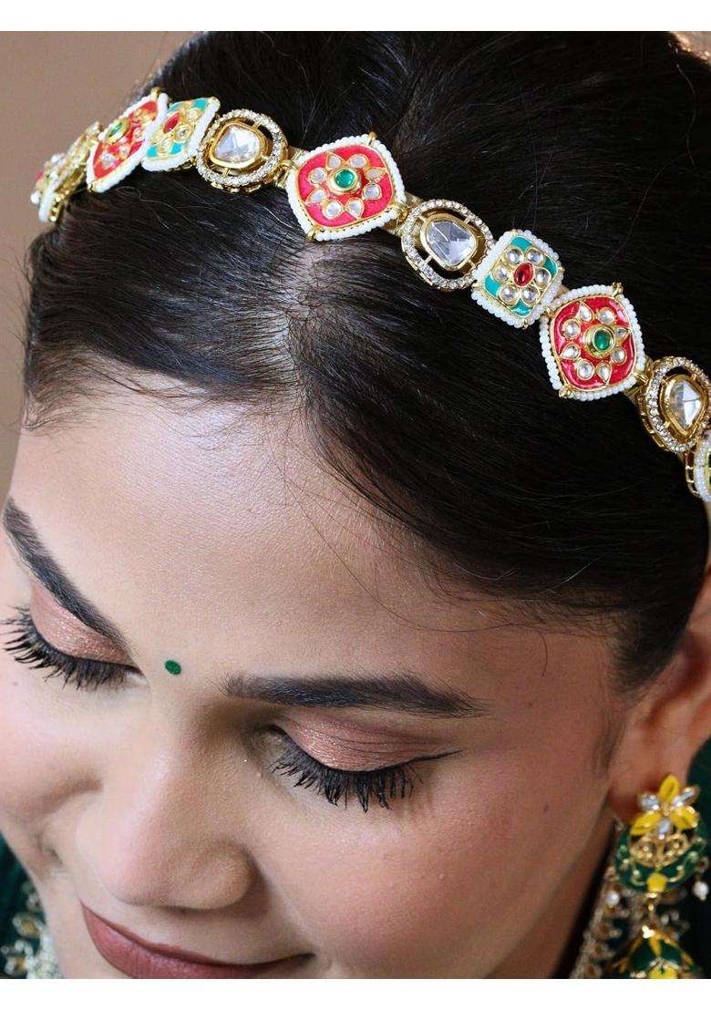 Viana Jewels Multicolor Aadya Maangtikka Hairband for Women Brass Kundan Traditional Matha Patti Bridal - Indya