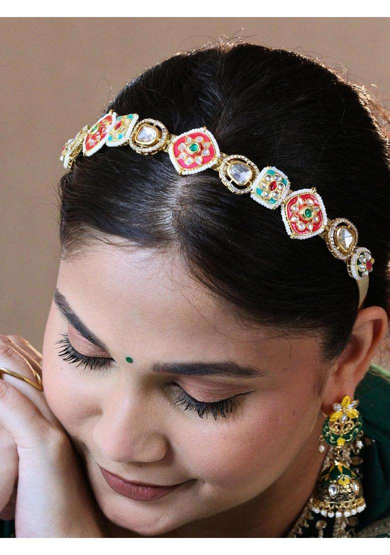 Viana Jewels Multicolor Aadya Maangtikka Hairband for Women Brass Kundan Traditional Matha Patti Bridal - Indya