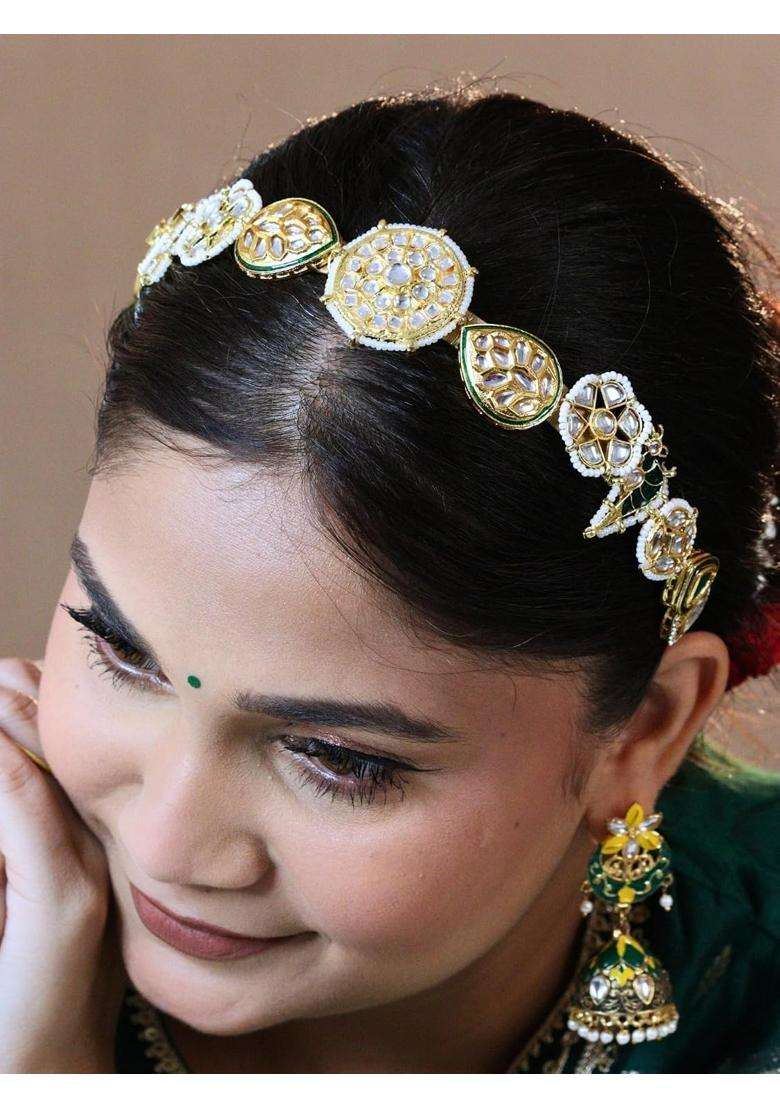 Viana Jewels Multicolor Apara Maangtikka Hairband for Women Brass Kundan Matha Patti Traditional Bridal - Indya