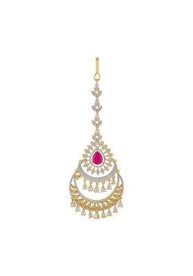 Kushals Fashion Jewellery Ruby Rhodium Gold Plated Zircon Maang Tikka for Women