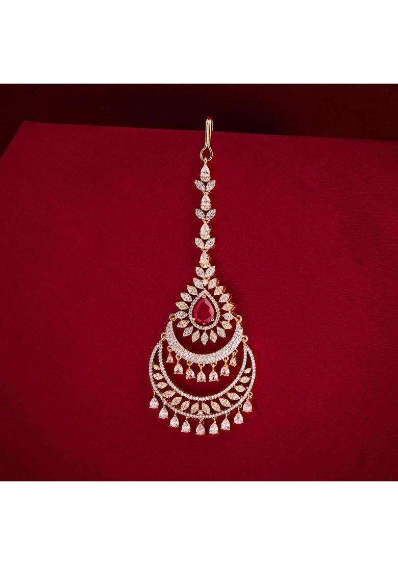 Kushals Fashion Jewellery Ruby Rhodium Gold Plated Zircon Maang Tikka for Women - Indya
