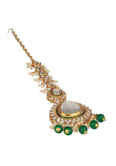 Aatmana Gold Plated White and Green Kundan Studded Pearl Beaded Maang Tikka for Women
