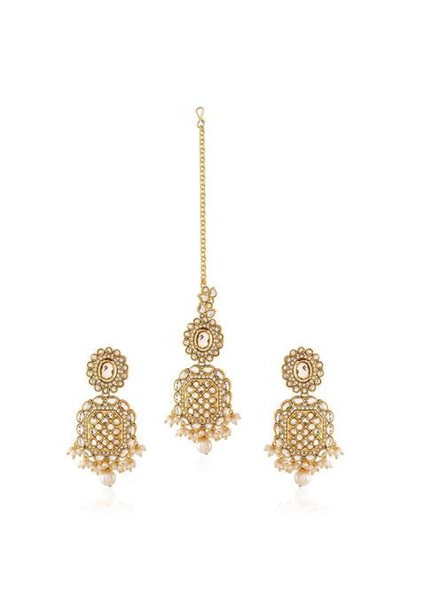 Voylla Dangler Earrings with Maangtika Kundan Opulance White Smoke CZ Pearl Beads Yellow Gold Plating