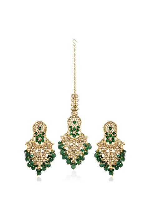 Voylla Chand Bali Earrings with Maangtika Kundan Opulance Green Pearl Beads Yellow Gold Plating
