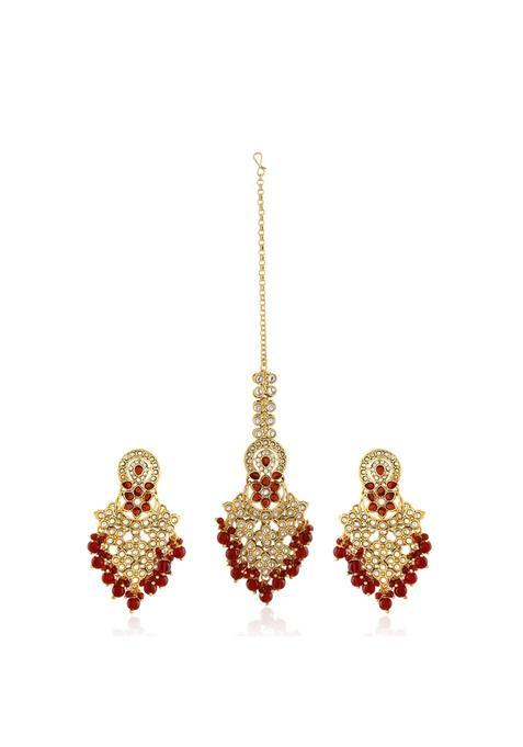 Voylla Chand Bali Earrings with Maangtika Kundan Opulance Red Pearl Beads Yellow Gold Plating