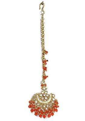 Dollsofindia Saffron Bead with White Stone Studded Gold Plated Maang Tikka Stone and Metal