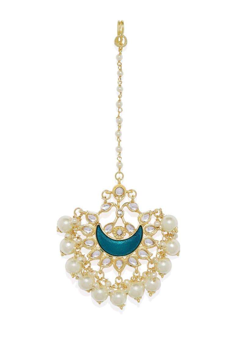 Accessher Gold Toned Enamel Kundan Warrior Style Ethnic Bindiya Style Brass Ethnic Maang Tika for Women - Indya