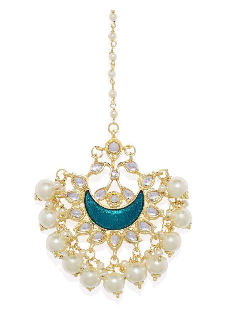 Accessher Gold Toned Enamel Kundan Warrior Style Ethnic Bindiya Style Brass Ethnic Maang Tika for Women - Indya