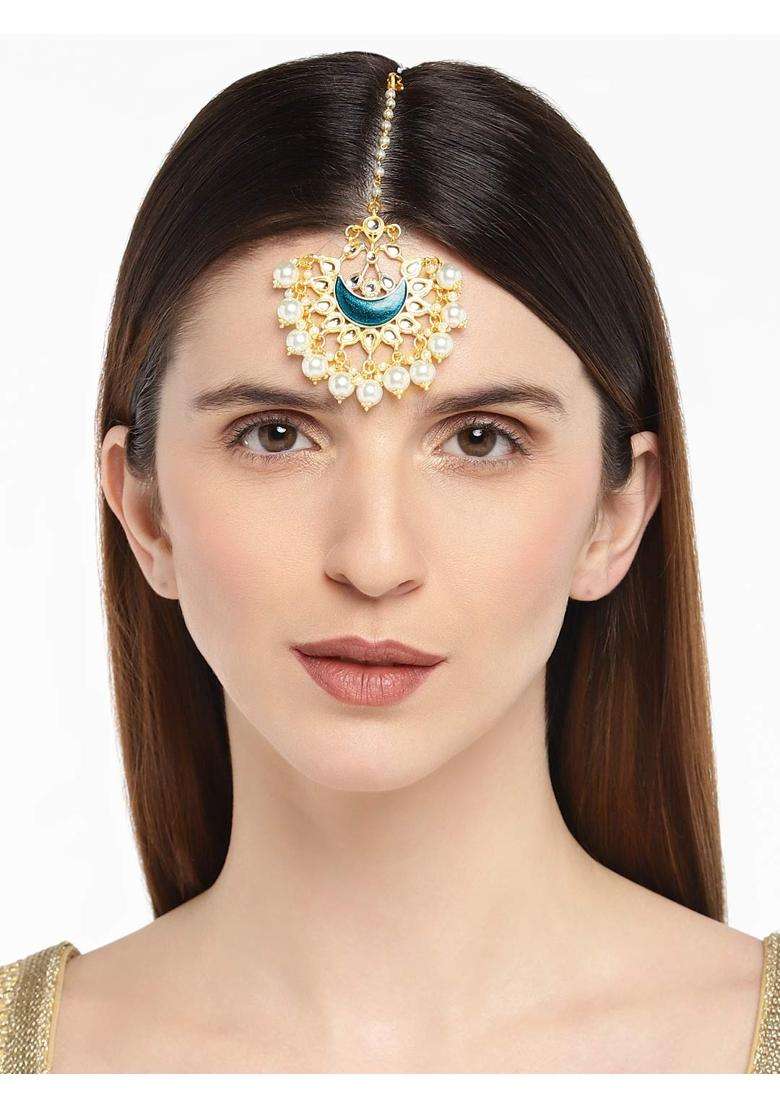 Accessher Gold Toned Enamel Kundan Warrior Style Ethnic Bindiya Style Brass Ethnic Maang Tika for Women - Indya