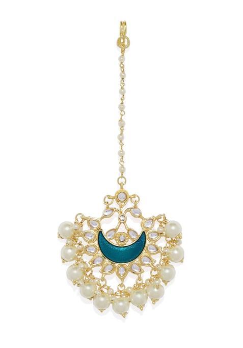 Accessher Gold Toned Enamel Kundan Warrior Style Ethnic Bindiya Style Brass Ethnic Maang Tika for Women