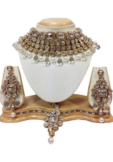 Shining Diva White Bridal Necklace Set Jewellery Set with Earrings and Maang Tikka for Women