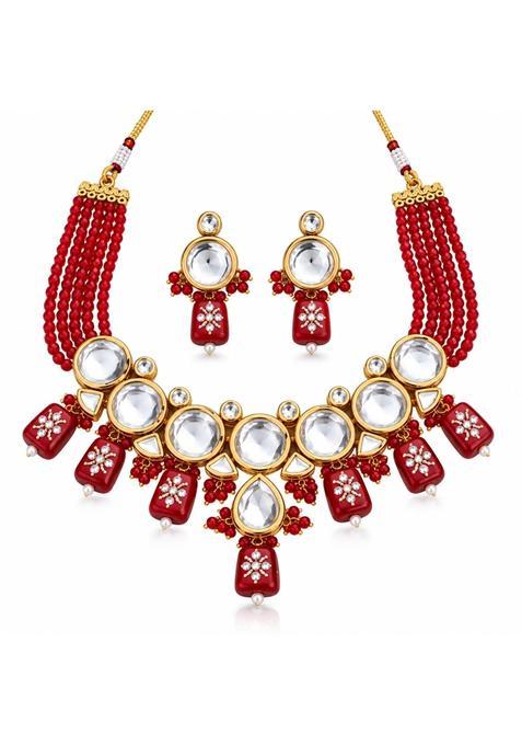 Seasonsfly Green Kundan Studded Choker Necklace Jewellery Set for Women with Matching Earrings and Maang Tikka