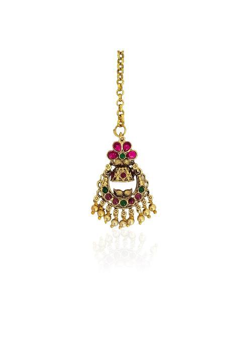 Yellow Chimes Maang Tikka for Women Gold Plated Kundan Stone Maangtika with Golden Beads