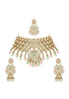 I Jewels Gold Plated Traditional Kundan and Pearl Drop Bridal Choker Necklace Jewellery with Jhumki Earrings